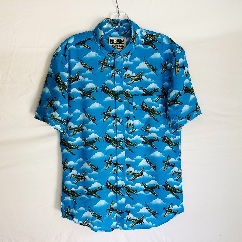 RSVLTS The Roosevelts Men's Size Small Blue Warhawk P-40 Plane Button Up Shirt